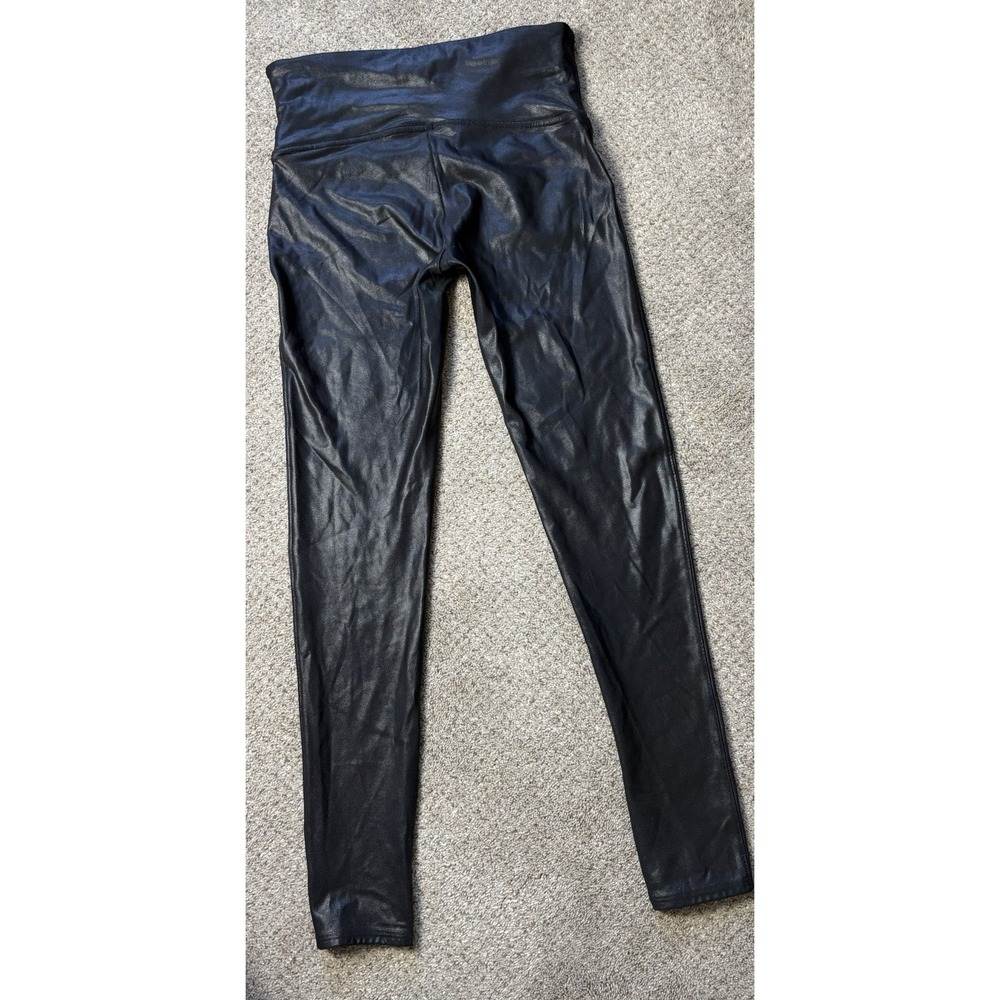 Spanx Faux Leather Leggings Womens Large Petite Mid Rise Black Pull On Stretch - Picture 7 of 8